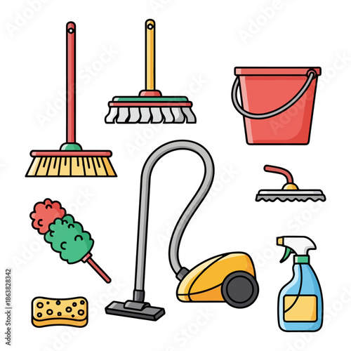A collection of various cleaning supplies including a broom, mop, vacuum cleaner, dustpan, spray bottle, and sponge.