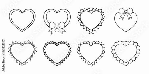 Collection of delicate heart outlines and frames decorated with bows and details
