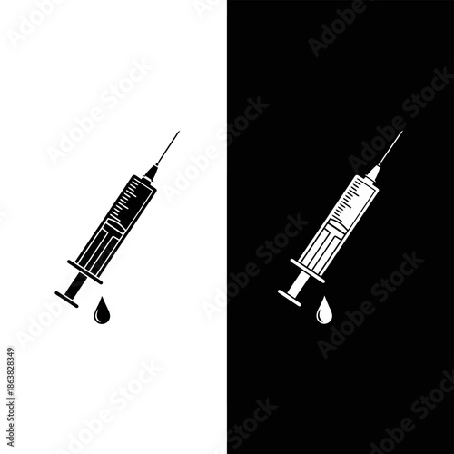 A stark black and white graphic illustration of a medical syringe with a drop of liquid falling from its needle.
