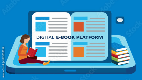 Woman sitting on giant smartphone reading digital e book platform on large screen with stack