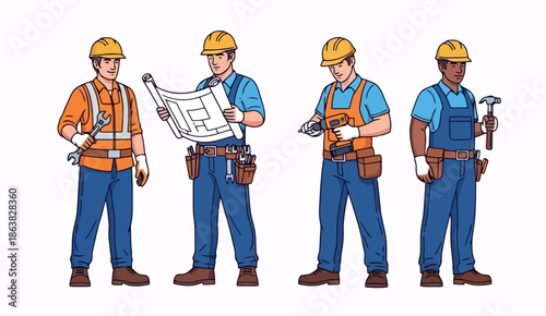 Four construction workers in hard hats and safety vests, some holding tools and blueprints.