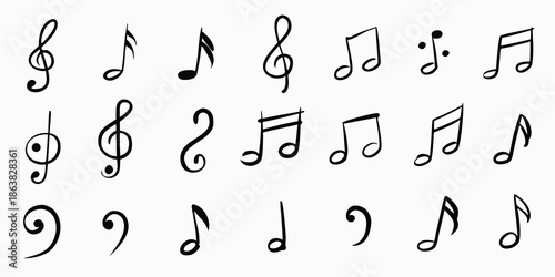 Collection of various black musical notes and symbols on a white background