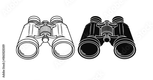 Two detailed illustrations of binoculars, one in black and white outline and the other in solid black.