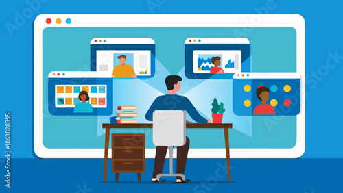 Remote worker sitting at desk with multiple digital screens displaying virtual team members