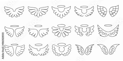 A collection of simple black and white wing and halo designs arranged in rows