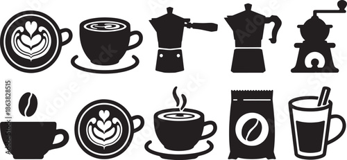 Black coffee icons latte art moka pot grinder coffee bag cup with straw cappuccino espresso