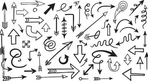 Collection of hand-drawn black brush stroke arrows pointing in various directions, including straight, curved, and circular paths, on a white background.