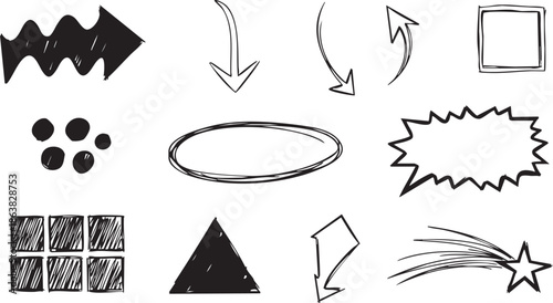 Collection of hand-drawn black brush stroke arrows pointing in various directions, including straight, curved, and circular paths, on a white background.