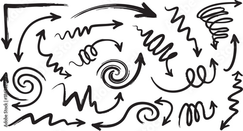 Collection of hand-drawn black brush stroke arrows pointing in various directions, including straight, curved, and circular paths, on a white background.