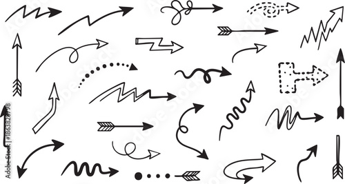 Collection of hand-drawn black brush stroke arrows pointing in various directions, including straight, curved, and circular paths, on a white background.