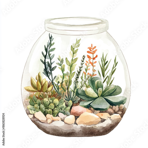 Watercolor illustration of a glass jar terrarium with various succulents and stones.