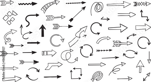 A diverse collection of hand-drawn black arrows in various styles and directions, illustrating movement and guidance.