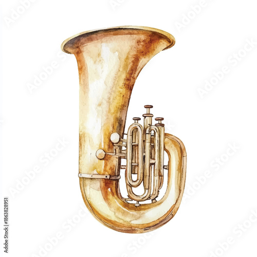 Watercolor illustration of a golden brass tuba musical instrument.