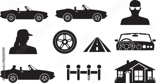 Black silhouette icons of convertible cars people road tire dashboard and house automobile vehicle