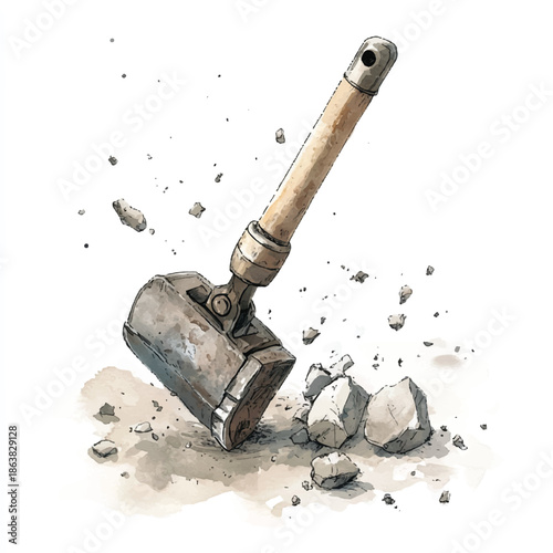 Watercolor illustration of a heavy sledgehammer smashing rocks.