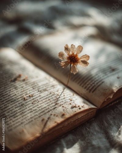 Vintage open book with dried flower, poetic nostalgic still life