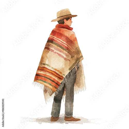Watercolor illustration of a person wearing a poncho and hat viewed from the side.