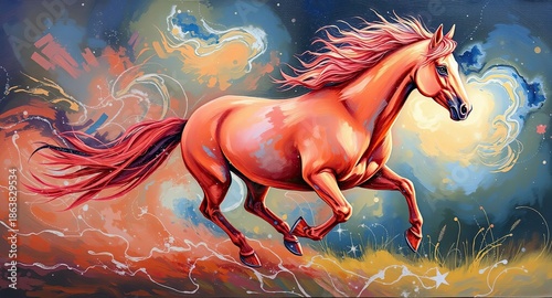 Majestic Red Stallion Galloping Through a Surreal Cosmic Nebula: Vibrant Digital Oil Painting of Power and Boundless Energy