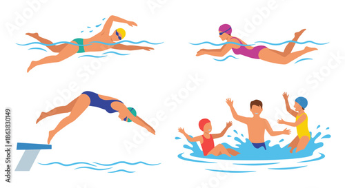 Collection of vibrant illustrations depicting various swimming activities and water fun