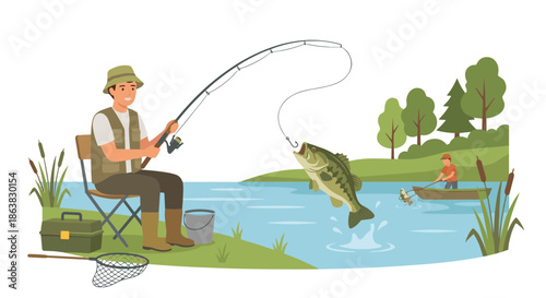 Man enjoying a relaxing fishing trip with his son on a calm lake surrounded by lush greenery and reeds