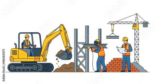 Line art illustration of a construction site workers operate an excavator, crane, weld, and review plans, symbolizing building and industrial development