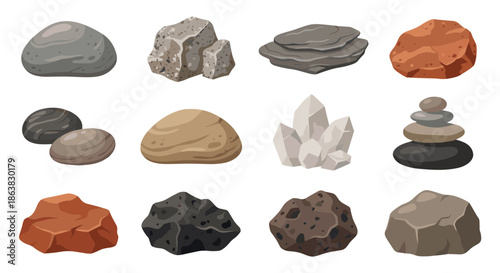 A diverse collection of natural rocks, stones, and minerals, showcasing smooth pebbles, rough textures, and sparkling crystals, ideal for geology and nature-themed designs