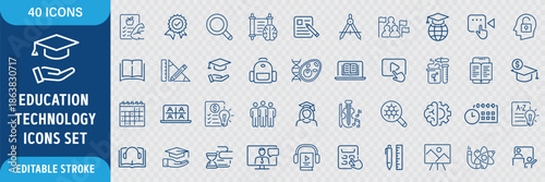 Education Technology Line Icon Set. E-Learning, Online Education, Digital Classroom, EdTech, Knowledge, Study and Training Icons. Editable Outline Stroke. Vector Illustration