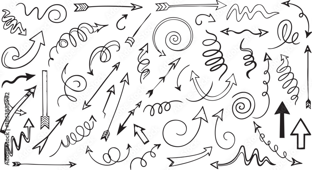 Obraz premium A large collection of hand-drawn doodle arrows in various styles and directions, perfect for graphic design elements.
