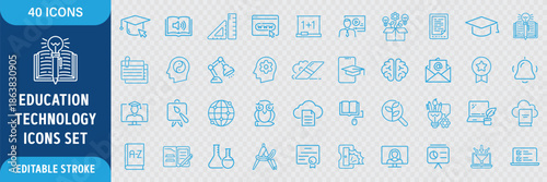 Education Technology Line Icon Set. E-Learning, Online Education, Digital Classroom, EdTech, Knowledge, Study and Training Icons. Editable Outline Stroke. Vector Illustration