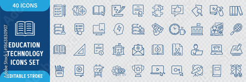 Education Technology Line Icon Set. E-Learning, Online Education, Digital Classroom, EdTech, Knowledge, Study and Training Icons. Editable Outline Stroke. Vector Illustration