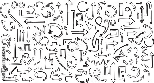 A large collection of hand-drawn doodle arrows in various styles, directions, and shapes, sketched in black and white.