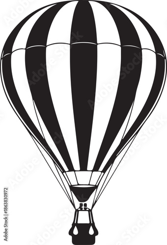 Black and white hot air balloon with gondola and passengers airship basket