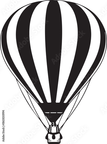 Black and white hot air balloon with striped envelope and basket airship zeppelin transport