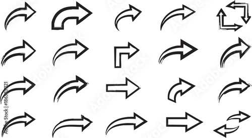 A collection of various black arrow icons and symbols with different designs, directions, and styles for graphic resources.