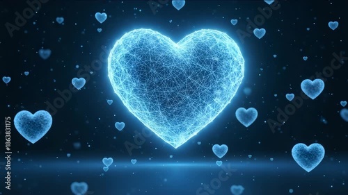 Glowing blue digital heart connection with smaller hearts floating in a dark space