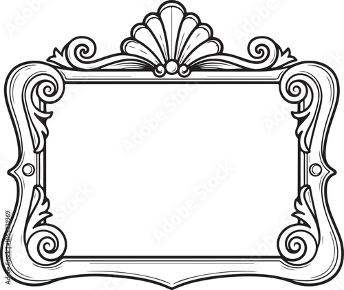 Ornate black and white rectangular decorative frame with shell motif border vintage