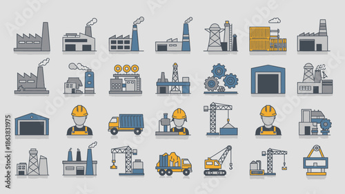 Industrial Icons Set: Factories, Workers, Trucks, Cranes & Gears