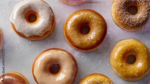 Assorted Glazed Donuts with Sugar and Sprinkles Top View Flat Lay seemless looping quality video 4K 