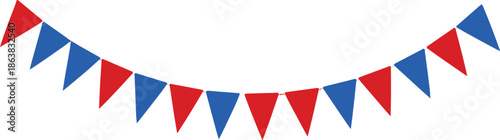 Red and blue triangular bunting flags strung together on a white background triangle