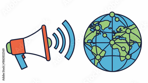 Global communication and announcement concept with megaphone and world map network