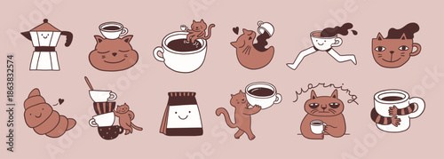 Coffee illustrations, stickers set, caffeine addicted characters. Cat, moka pot, cup with legs, coffee pack, mugs. Coffee illustrations or icons, funny line doodle style. Cafe and coffeeshop design.