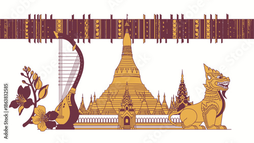Myanmar Culture Collage: Golden Pagoda, Traditional Harp, Lion Guardian, and Orchid