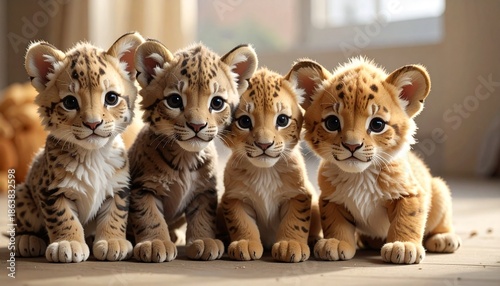 Four adorable lion cubs sitting together, a heartwarming family portrait.