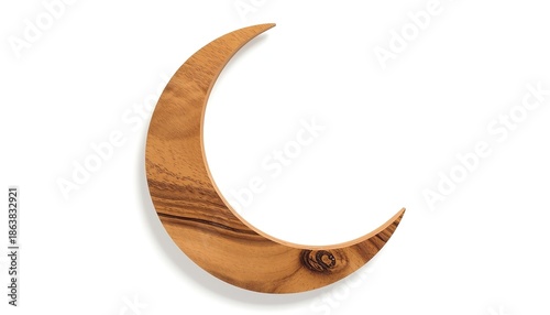 A wooden crescent moon sculpture with a natural finish and visible wood grain on a white background ramadan kareem mubarak
