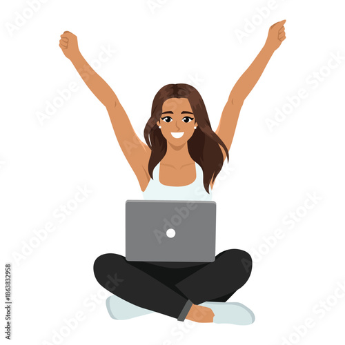 Happy Woman Working on Laptop Celebrating Success. Flat Vector character illustration