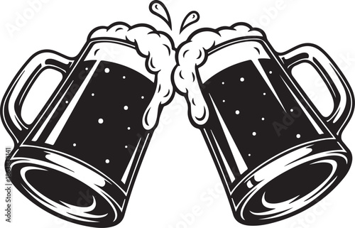Two black and white beer mugs clinking with frothy foam spilling over toasting celebration