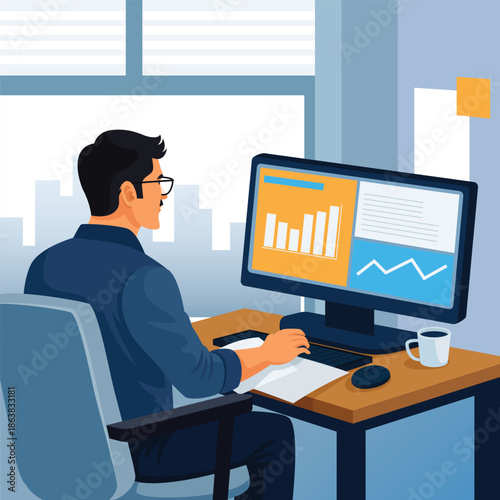 Man Working on Computer with Data Analytics