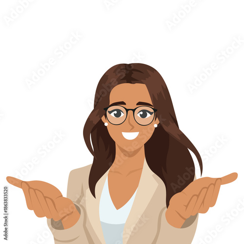 Smiling Business Woman with Open Hands, Friendly Presentation. Flat Vector character illustration