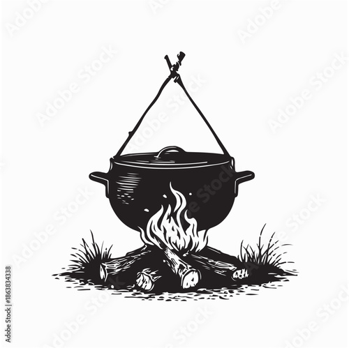Rustic Pot Hanging Over Campfire Boiling Silhouette Vector on white Background