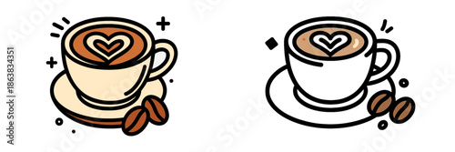 Coffee cup with heart design and coffee beans on a plate